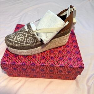 Tory Burch Gray and Brown Espadrille Wedges